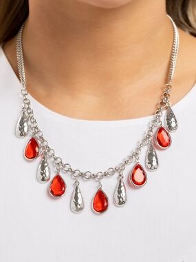 Silver Teardrop Necklace Set with Red Crystsl Accents